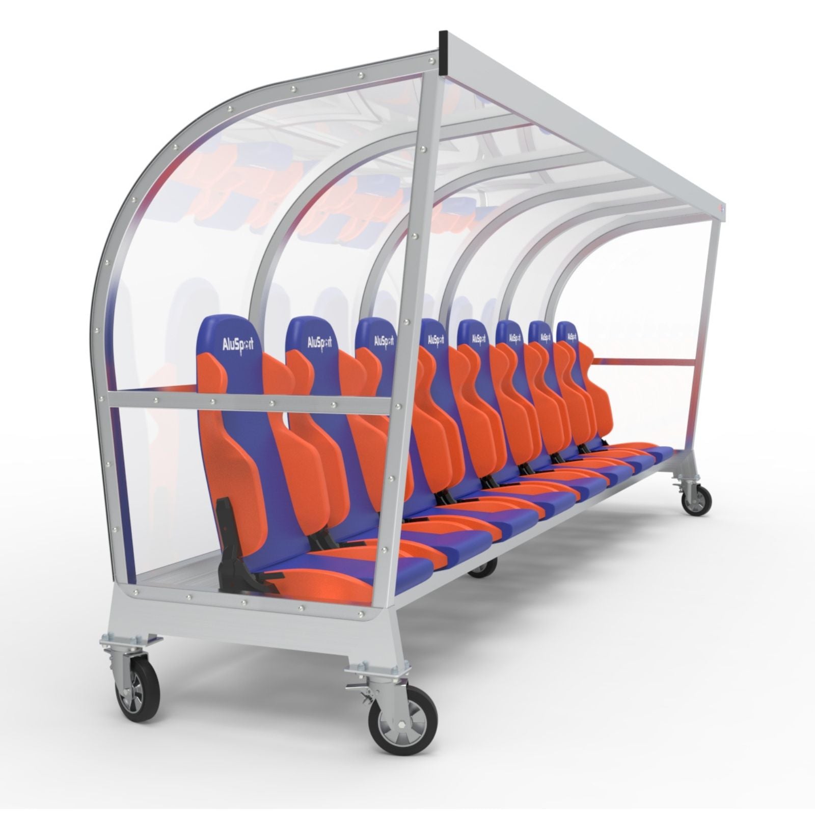Verrijdbare dugout met luxe sportstoelen voor 8 personen - gepersonaliseerd geborduurd logo en stoelkleur naar wens - Alusport - 5 x 2 m