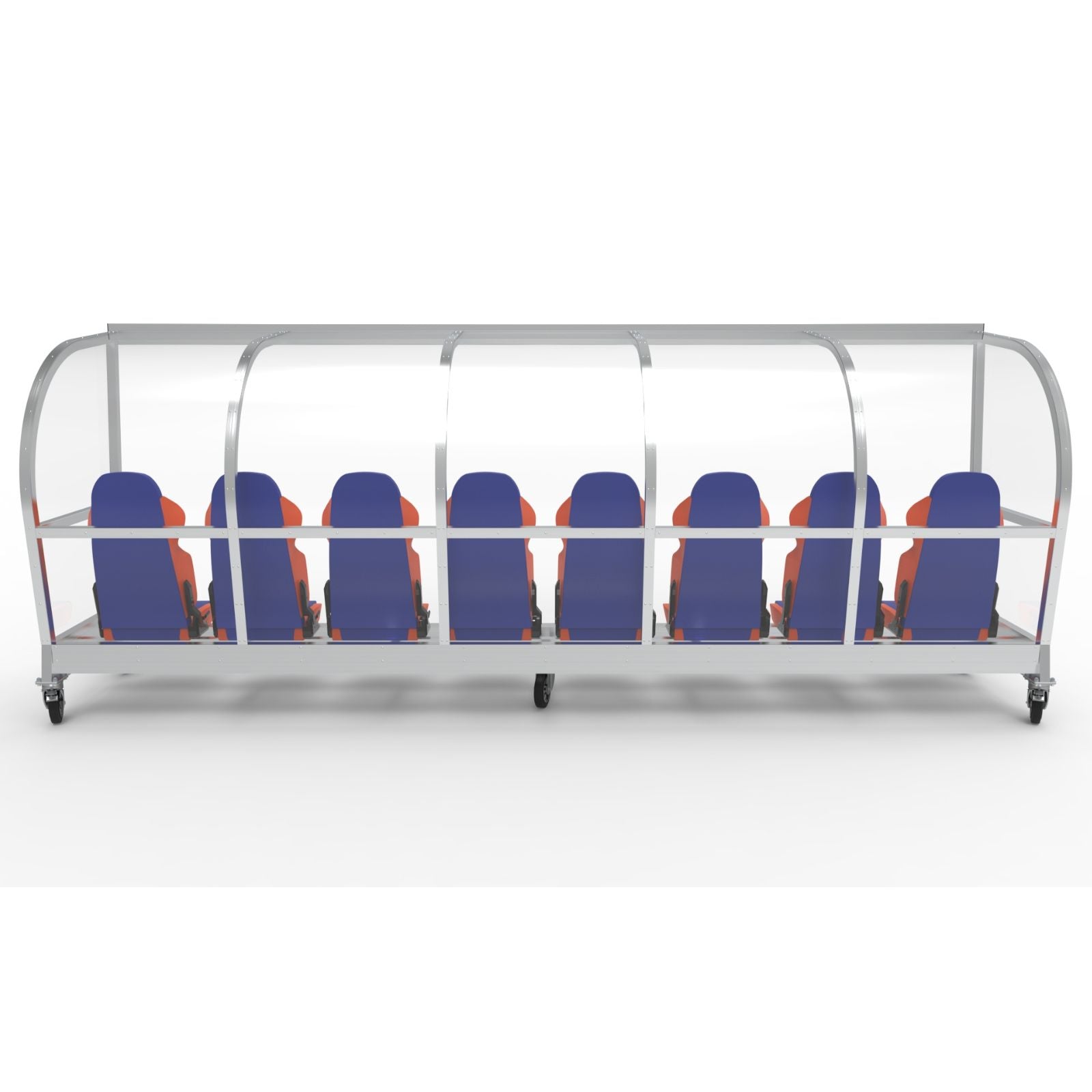 Verrijdbare dugout met luxe sportstoelen voor 8 personen - gepersonaliseerd geborduurd logo en stoelkleur naar wens - Alusport - 5 x 2 m